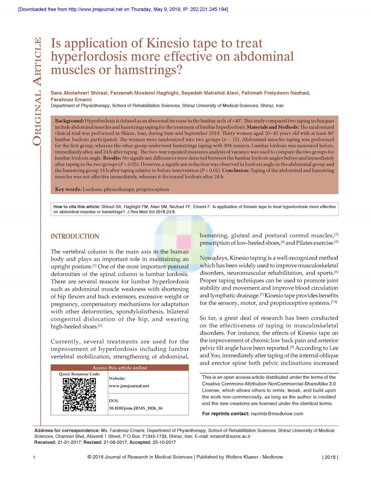 Research Article - Is application of Kinesio tape to treat hyperlordosis more effective on abdominal muscles or hamstrings?