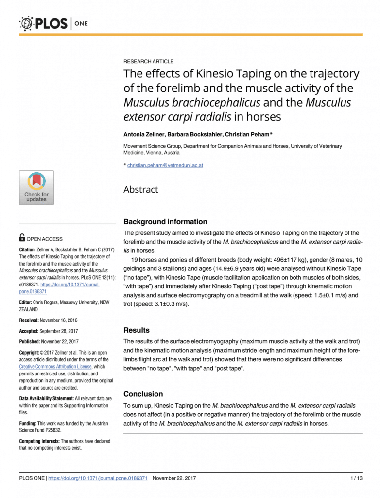 The effects of Kinesio Taping on the trajectory of the forelimb and the muscle activity of the Musculus brachiocephalicus and the Musculus extensor carpi radialis in horses