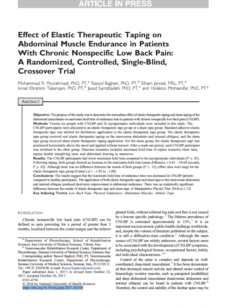 Effect of Elastic Therapeutic Taping on Abdominal Muscle Endurance in Patients With Chronic Nonspecific Low Back Pain: A Randomized, Controlled, Single-Blind, Crossover Trial