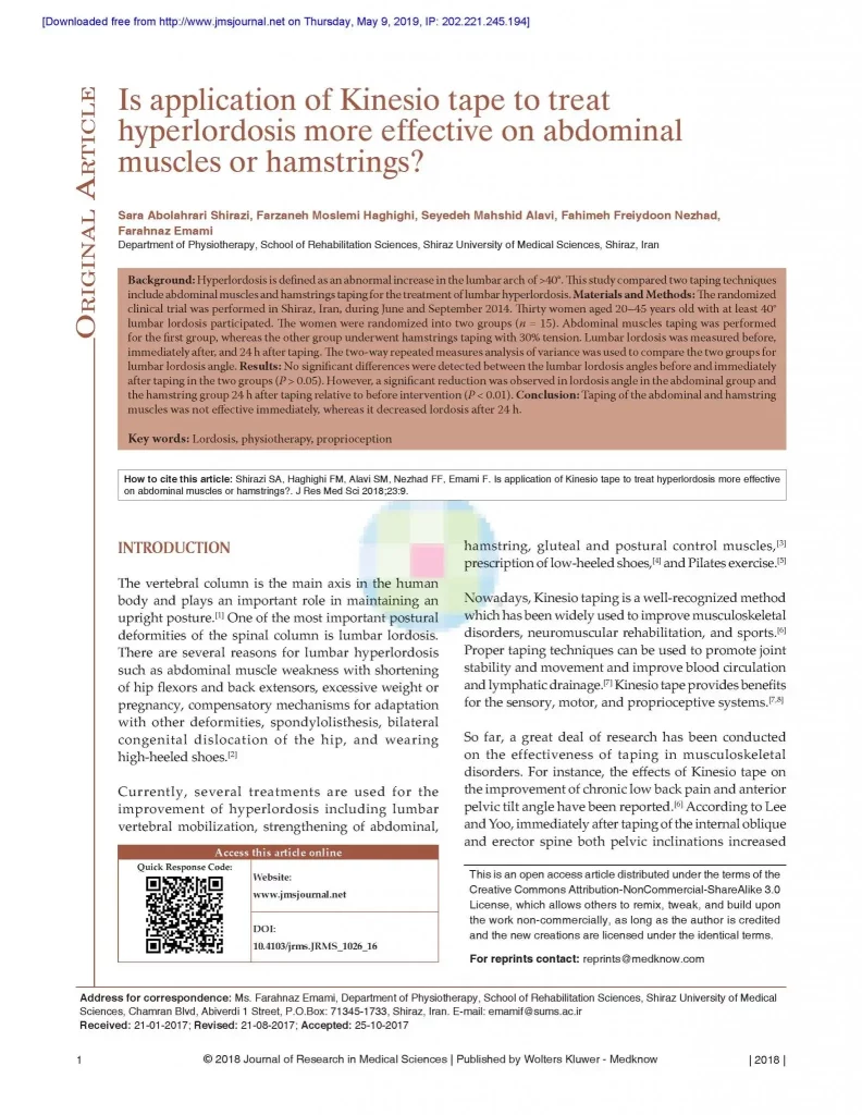 Conclusion: Taping of the abdominal and hamstring muscles was not effective immediately, whereas it decreased lordosis after 24 h.