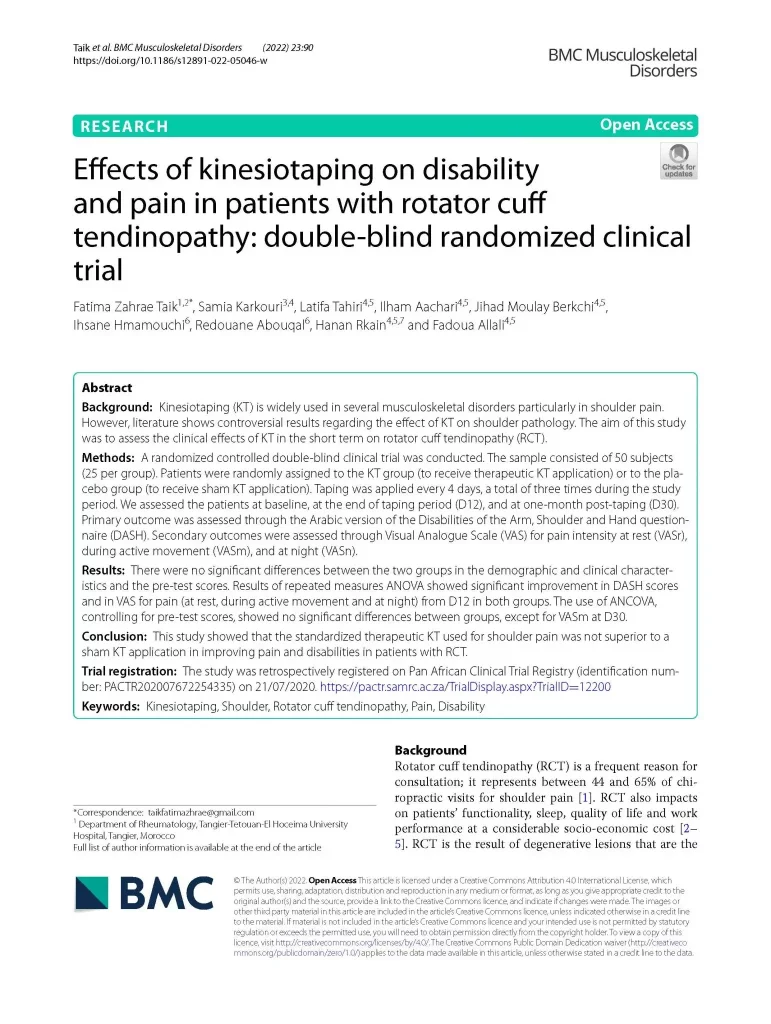 This study showed that the standardized therapeutic Kinesiotaping (KT)  used for shoulder pain was not superior to a sham Kinesiotaping (KT) application in improving pain and disabilities in patients with RCT.